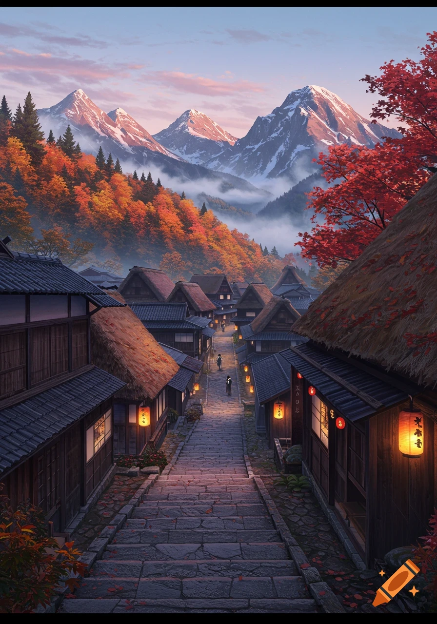 A serene Japanese mountain village in autumn, with traditional houses, red maple trees, and snowy peaks under a soft sky.