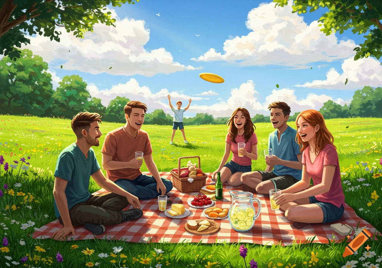 Friends laugh and enjoy a sunny picnic in a vibrant green park, with one person playing frisbee in the background. Illustration.