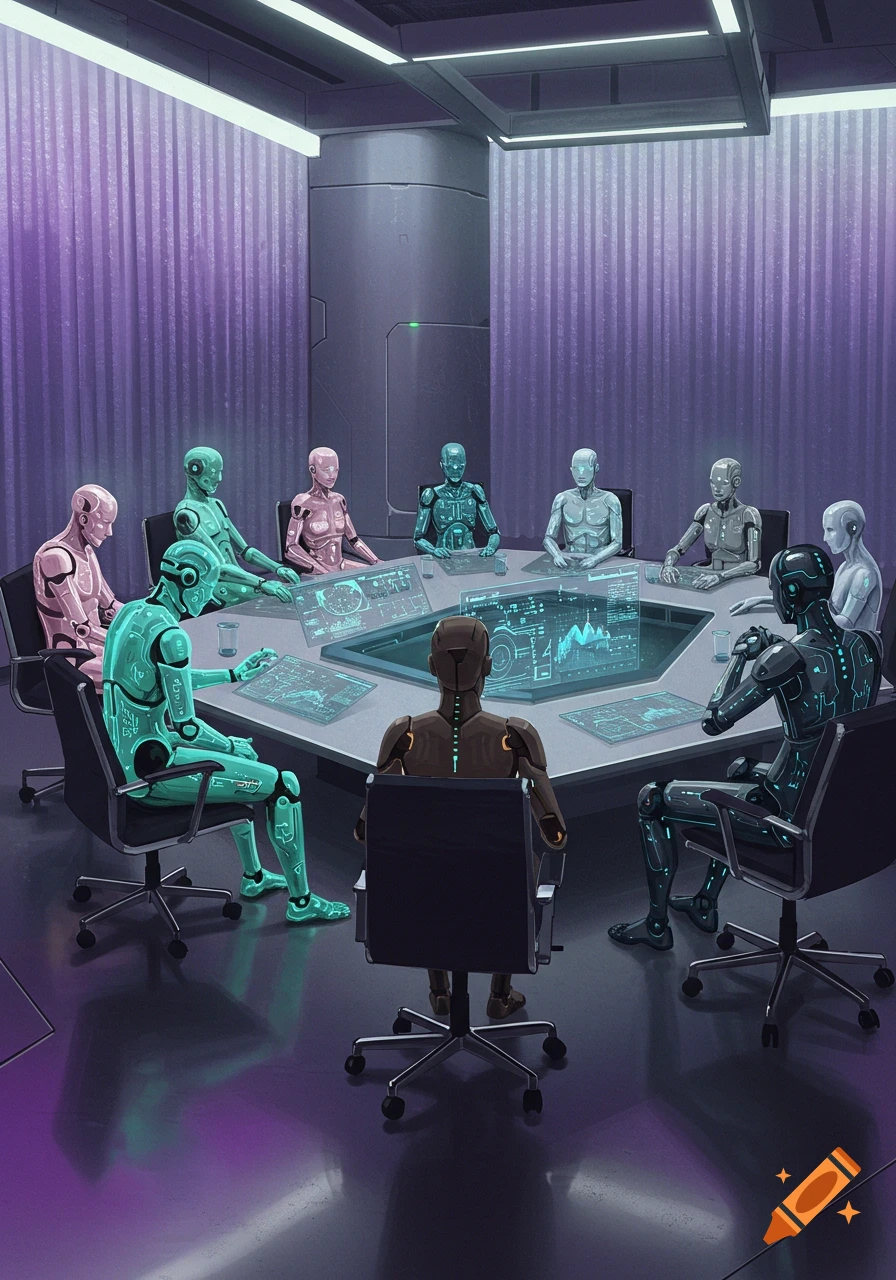 Digital illustration of colorful robots sitting around a futuristic holographic table in a council meeting.