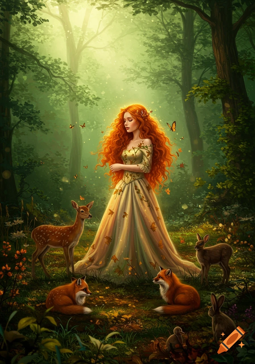 A red-haired woman in an ornate dress stands in a mystical forest with deer, foxes, and rabbits, bathed in soft light.