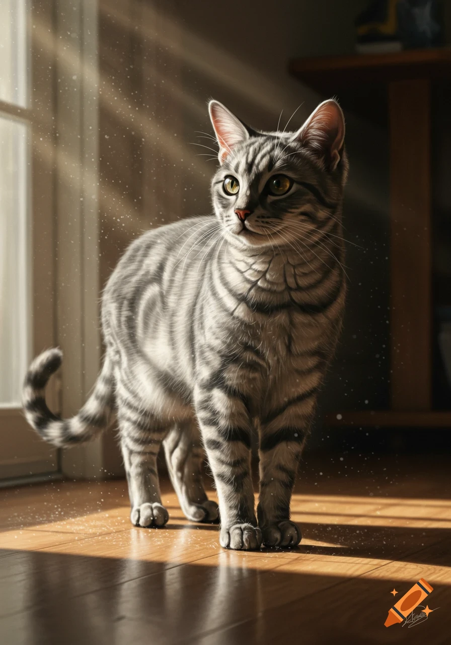 A photorealistic gray tabby cat stands on a wooden floor in sunbeams near a window, looking right.