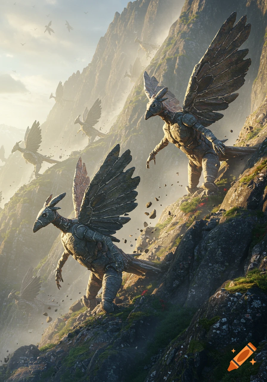Several large, stone-like anthropomorphic birds with wings scramble down a rocky mountain, debris flying from a rockslide.
