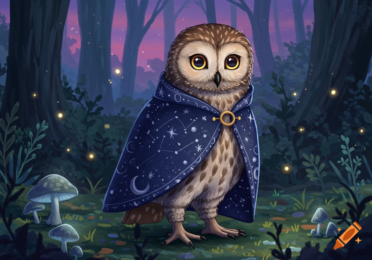 A vibrant fantasy illustration of an anthropomorphized owl wearing a starry blue cloak, standing in a dark forest with glowing fireflies and mushrooms.