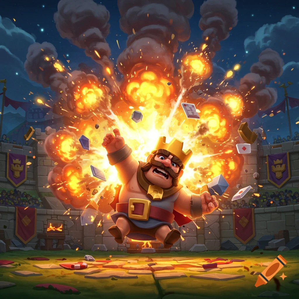 A cartoon king from Clash Royale is engulfed in a massive explosion within a stadium arena, looking shocked.