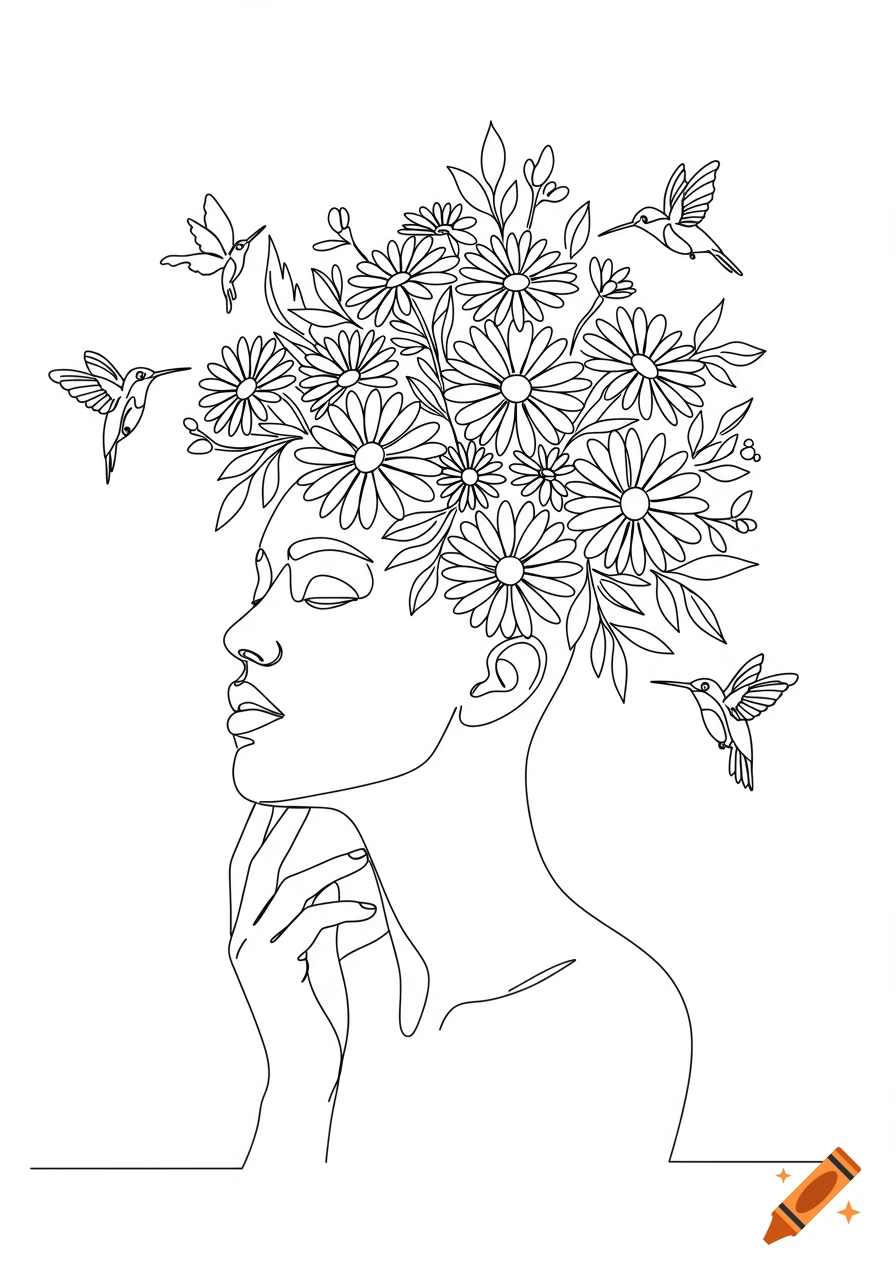 Minimalist black and white continuous line art of a woman's profile with daisy flowers on her head and hummingbirds.