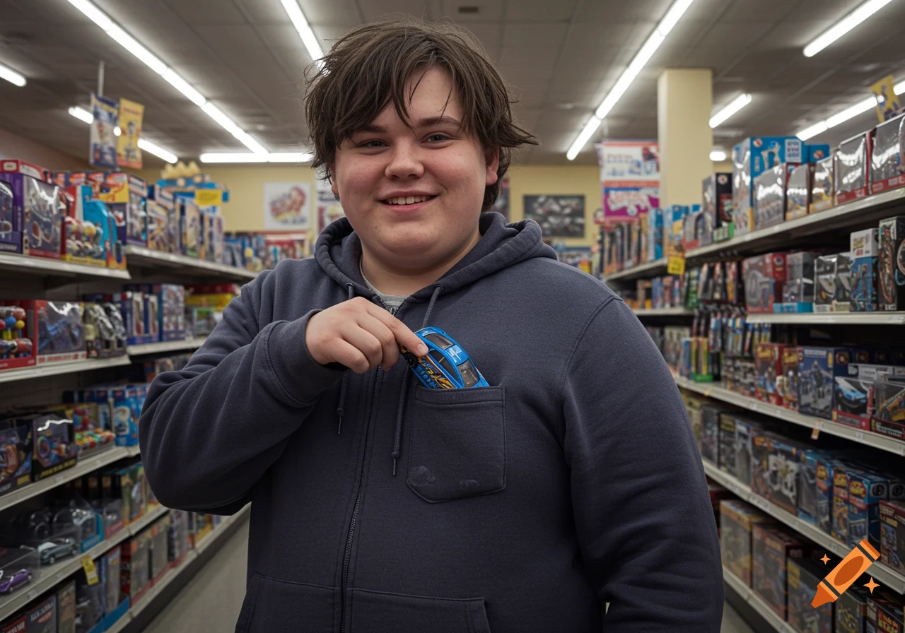 A photorealistic image of a smiling teenage boy in a store aisle, putting a blue toy car into his hoodie pocket.