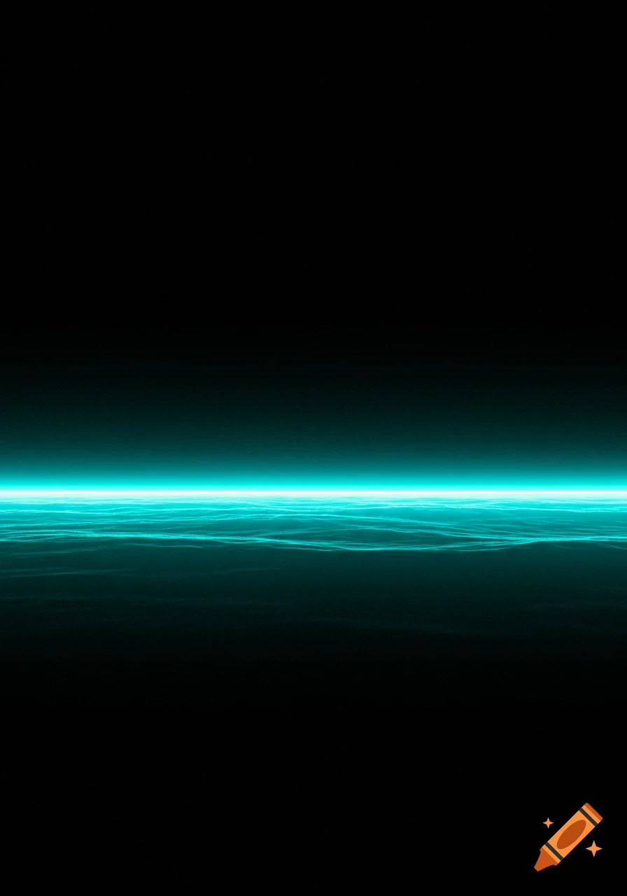 A glowing neon turquoise horizon line with subtle waves extends across a stark black background.