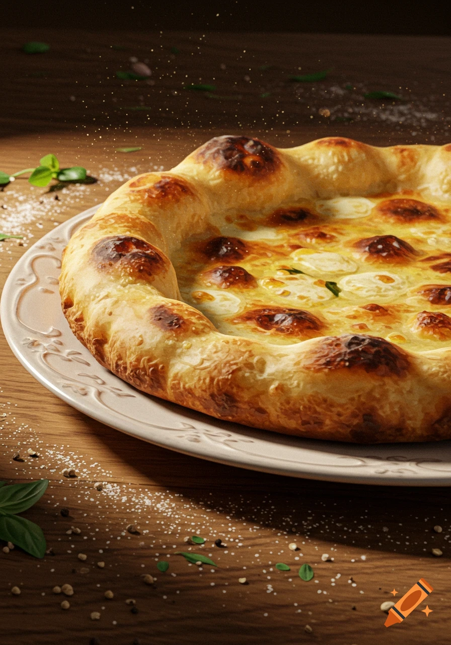 Close-up of a golden-crusted cheese pizza on a white plate, garnished with scattered herbs and spices on a wooden table.