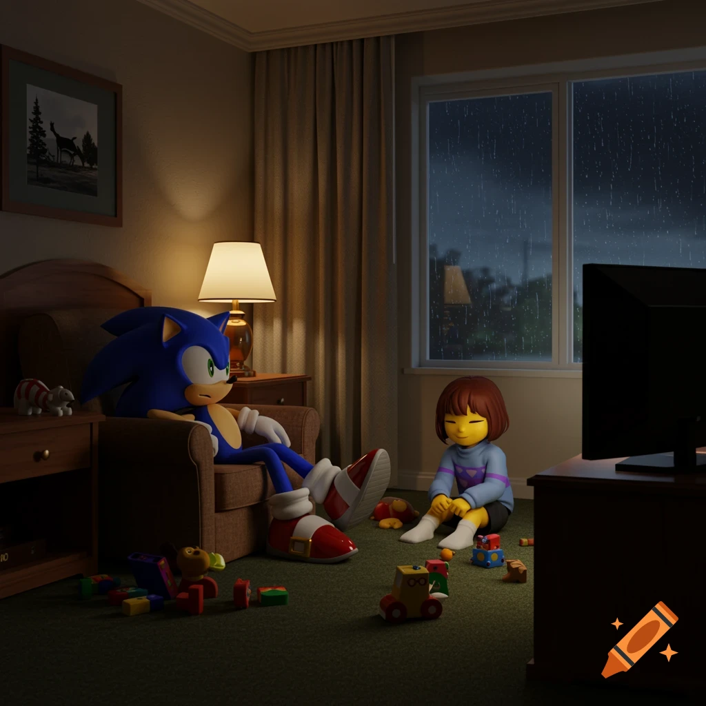 3D render of Sonic sitting in an armchair and Frisk playing with toys on the floor in a dim hotel room with rain outside the window.