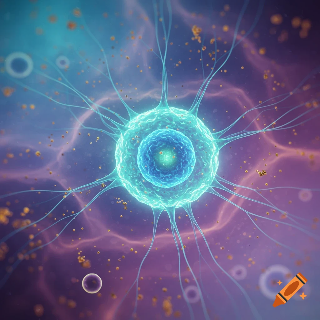 A vibrant, glowing neural stem cell with many branching projections, surrounded by smaller particles in a blue and purple microscopic environment.