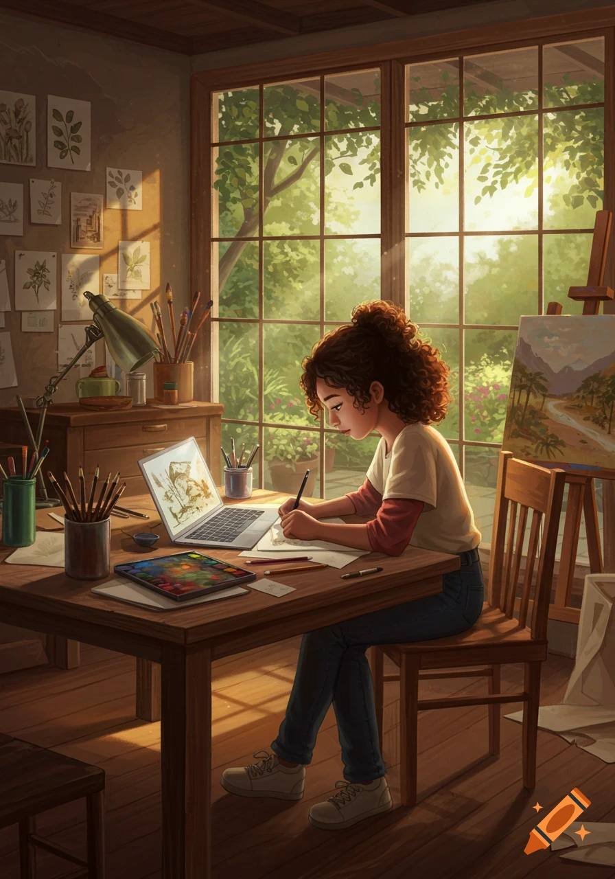 Curly-haired brown girl drawing at a sunlit wooden desk with art supplies, a laptop, and a garden view. Illustrated.