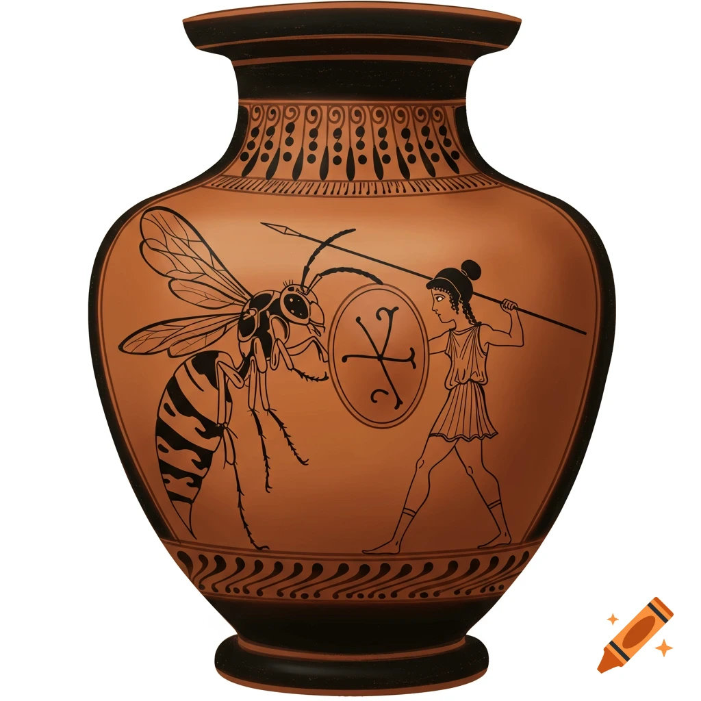 Ancient Greek pottery art showing a figure wielding a spear and shield battling a giant wasp.