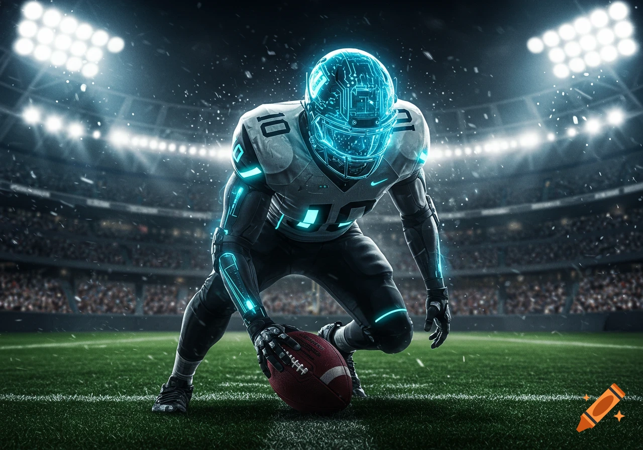 A futuristic football player in a glowing circuit-patterned helmet and suit crouches on a stadium field with a football.