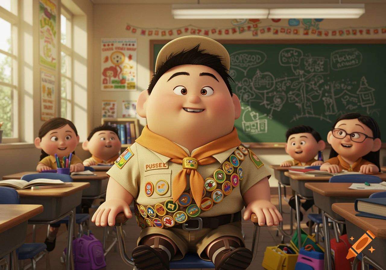Animated Russell from Up, wearing a scout uniform, smiles while sitting at a desk in a sunny classroom filled with other children.