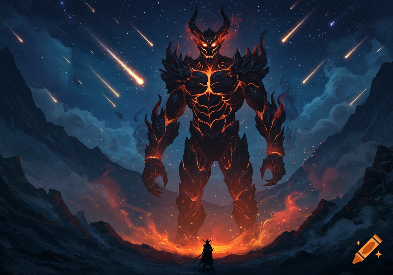 A giant fiery demon-like titan stands over a small human figure in a dark, rocky landscape under a meteor shower at night.