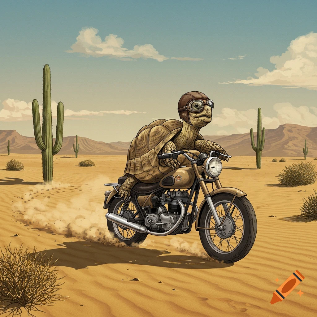 An illustrated land tortoise wearing a helmet and goggles rides a vintage motorcycle through a desert landscape with saguaro cacti.