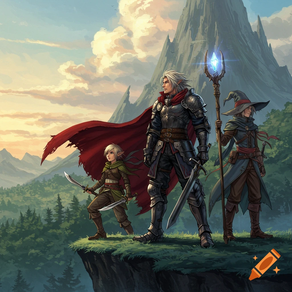 Three fantasy adventurers in armor and robes stand on a cliff overlooking a forest and mountains at sunset, in a Final Fantasy Legends art style.