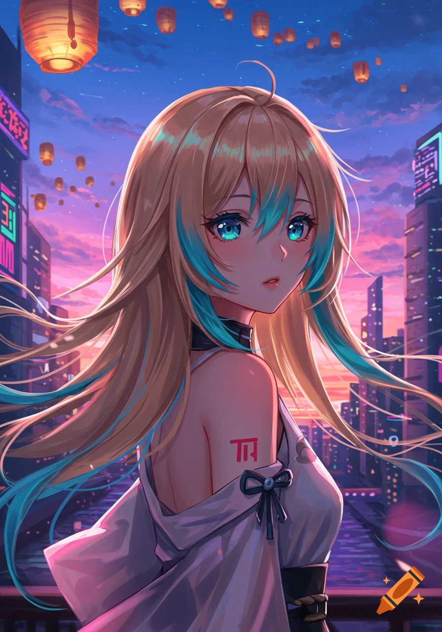 An anime girl with long blonde hair with blue highlights, blue eyes, and a red symbol on her shoulder, in a city with glowing lanterns and neon signs at sunset.