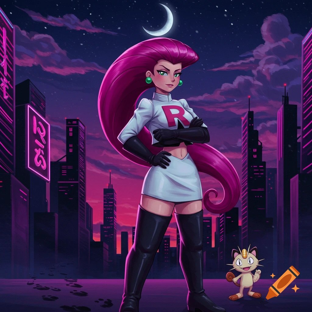 Jessie from Team Rocket with pink hair and a white uniform with a red R, standing in a futuristic city at night under a crescent moon, with Meowth nearby.