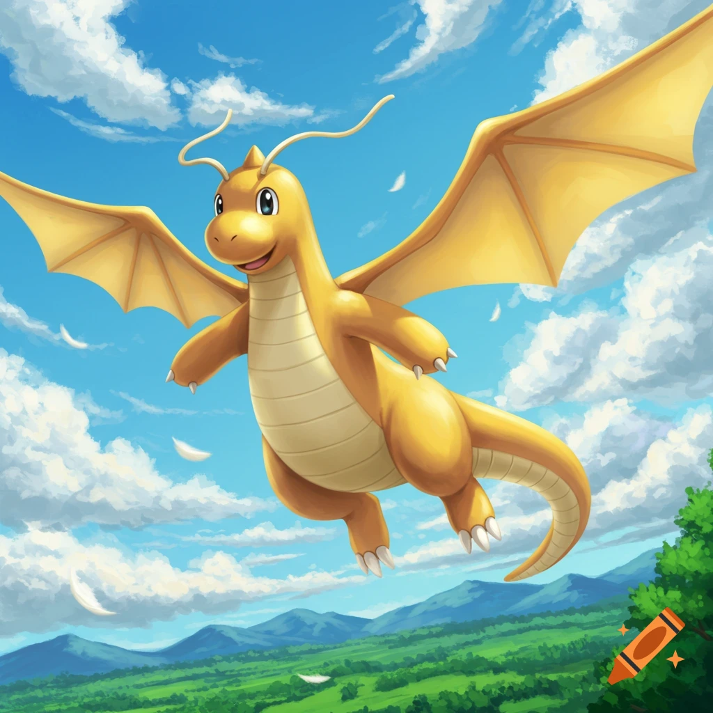 Dragonite, a large orange dragon-like Pok amon, flies happily through a blue sky with white clouds over green hills.