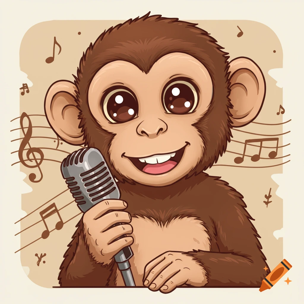A cute cartoon monkey with big eyes holds a microphone, smiling, with musical notes in the background.