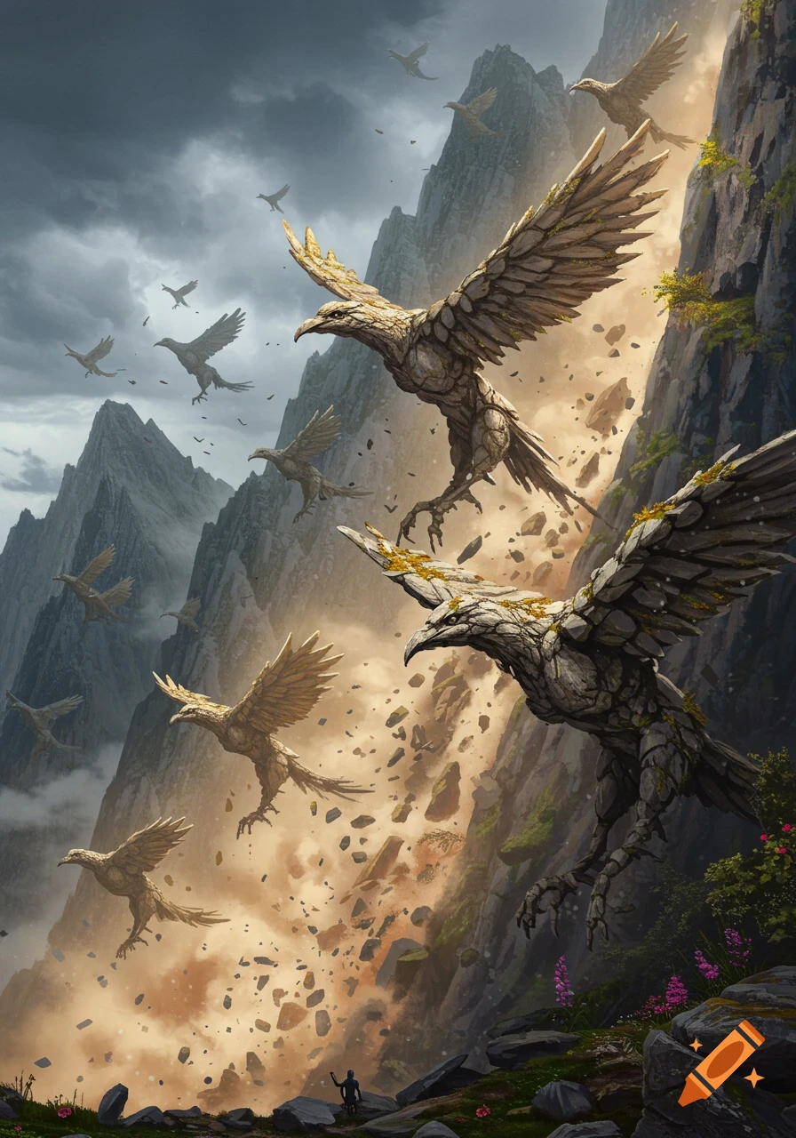 Fantasy art of large stone bird-like creatures flying down a mountain during a rockslide, a small figure below.