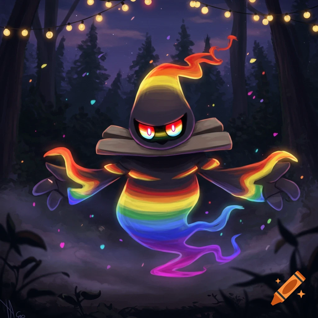 A stylized illustration of a rainbow-colored ghost-like Dusknoir floating in a dark forest at night, with string lights.