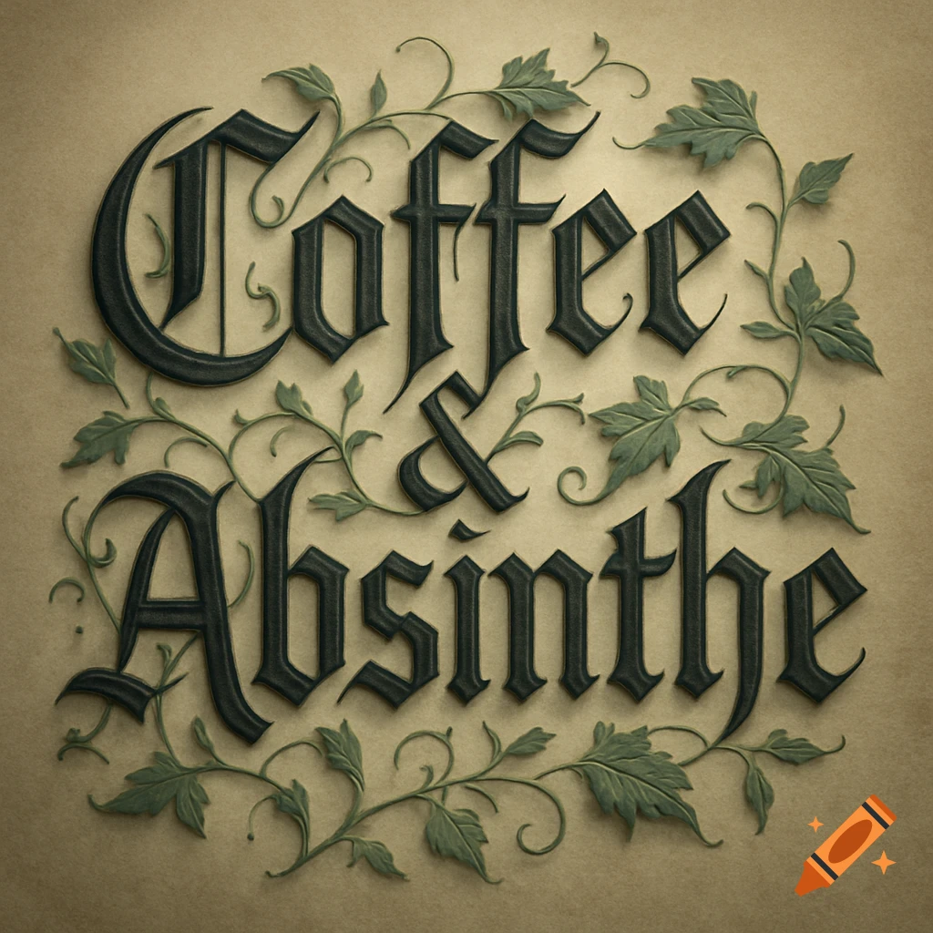 Elegant gothic lettering of 'Coffee & Absinthe' intertwined with green leafy vines on a textured tan background.