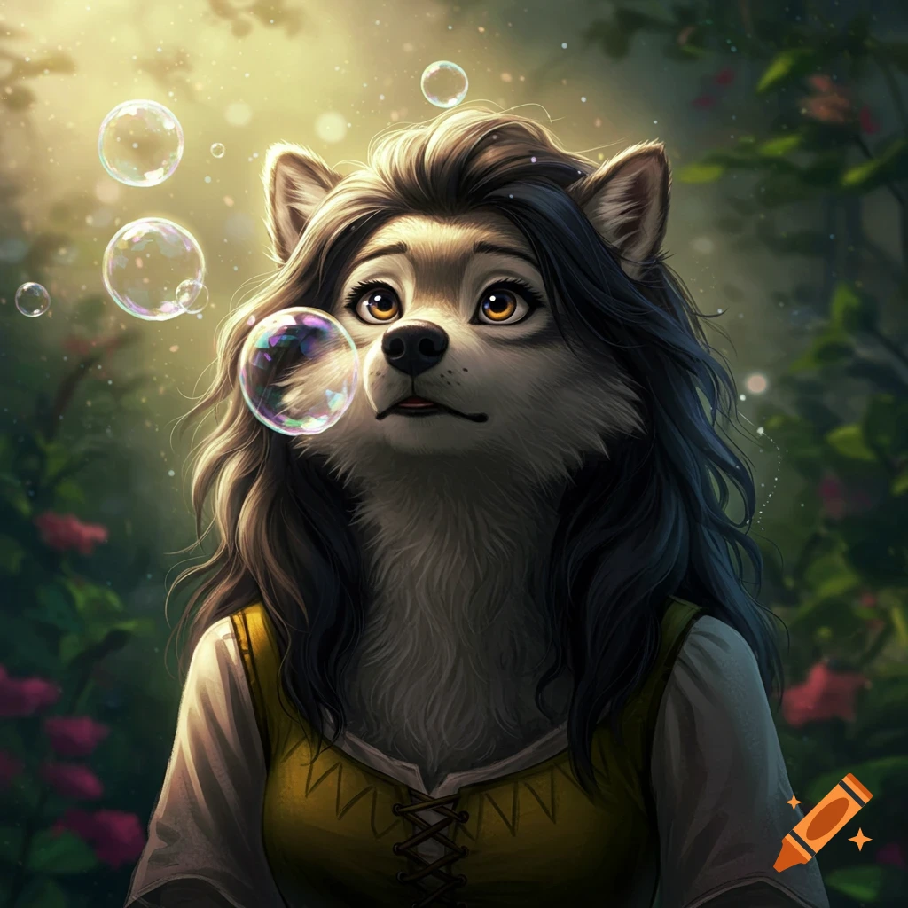 A Disney-style anthropomorphic wolf woman with dark hair looks up, blowing colorful bubbles in a sunlit forest.
