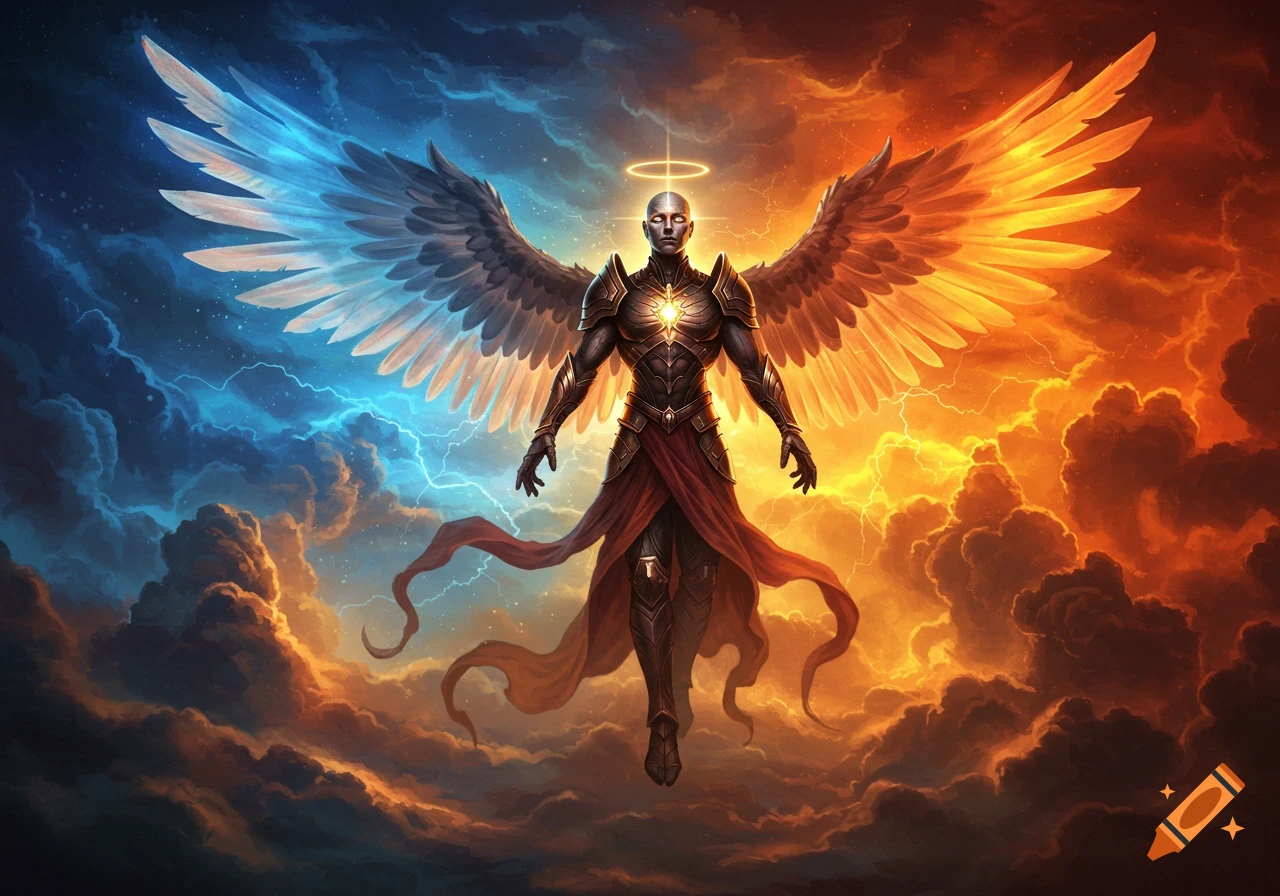 Armored angel with large blue and orange wings, a halo, and red drapery, hovering in a sky split by blue lightning and fiery clouds.