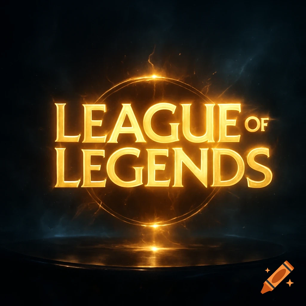 Glowing gold 'League of Legends' logo on a dark, smoky background with an ethereal light ring.