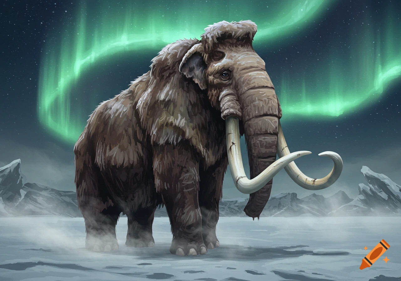 A majestic woolly mammoth stands in an icy, snowy landscape under a vibrant green aurora borealis in a starry night sky.