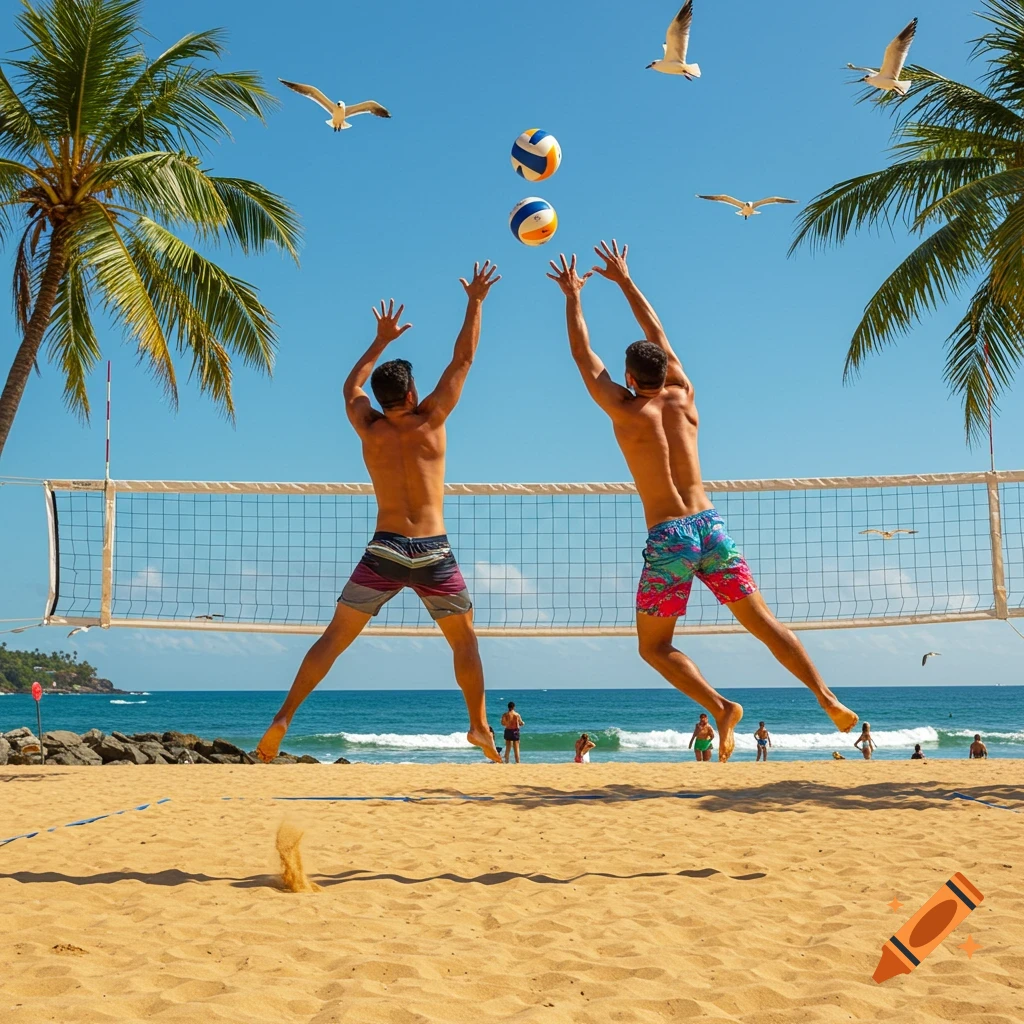 Two men in swim trunks jump to hit two volleyballs over a net on a sunny beach.