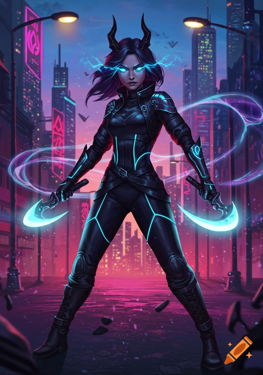 A female demon hunter with horns, glowing eyes, and blue lightning around her head and hands, holding two glowing crescent blades in a neon-lit cyberpunk city at night.