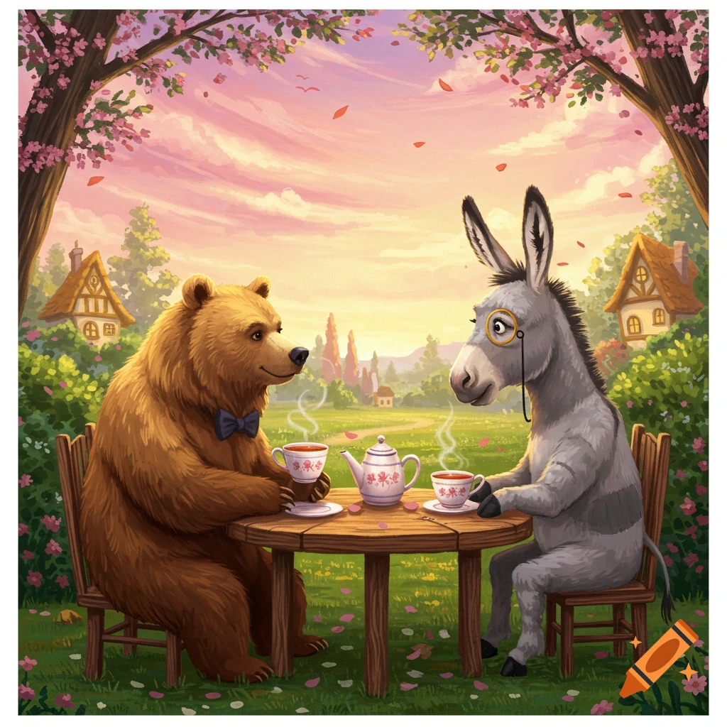Illustrated bear and donkey in a bow tie and monocle drink tea at a table outdoors under a tree, with a pink and lilac sky.