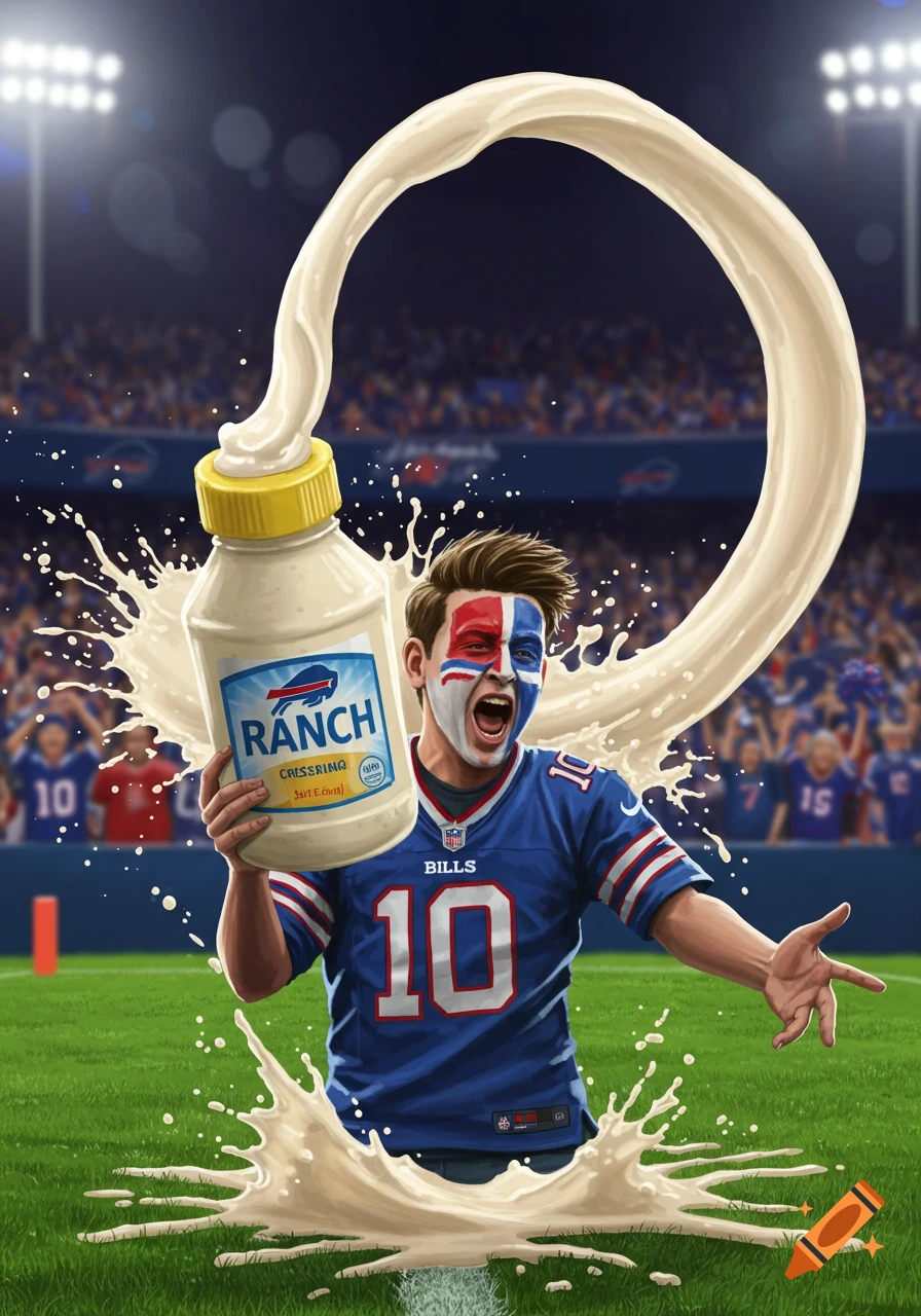 An excited Buffalo Bills fan with face paint holds a ranch dressing bottle spilling dressing in a football stadium, digital art.