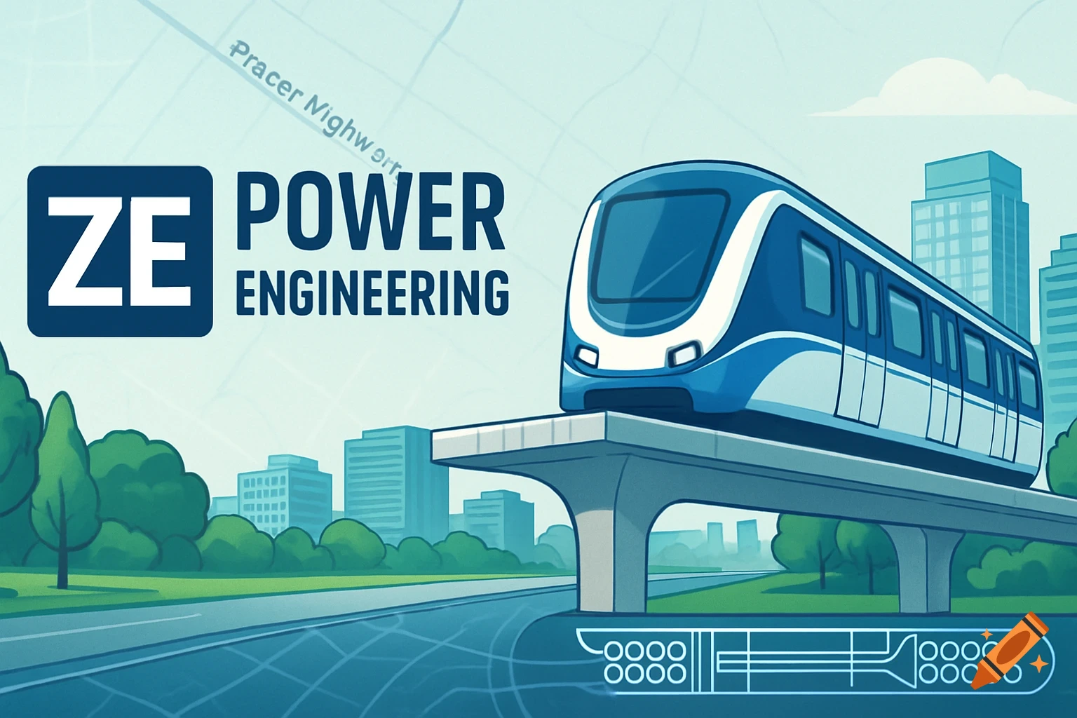 An illustrated blue and white SkyTrain on an elevated track above a road and cityscape. The logo 'ZE POWER ENGINEERING' is on the left.
