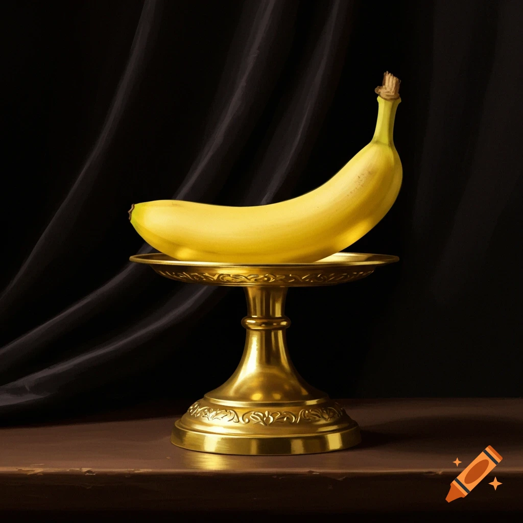 A photorealistic still life of a ripe yellow banana resting on an ornate golden pedestal against a dark, draped background.