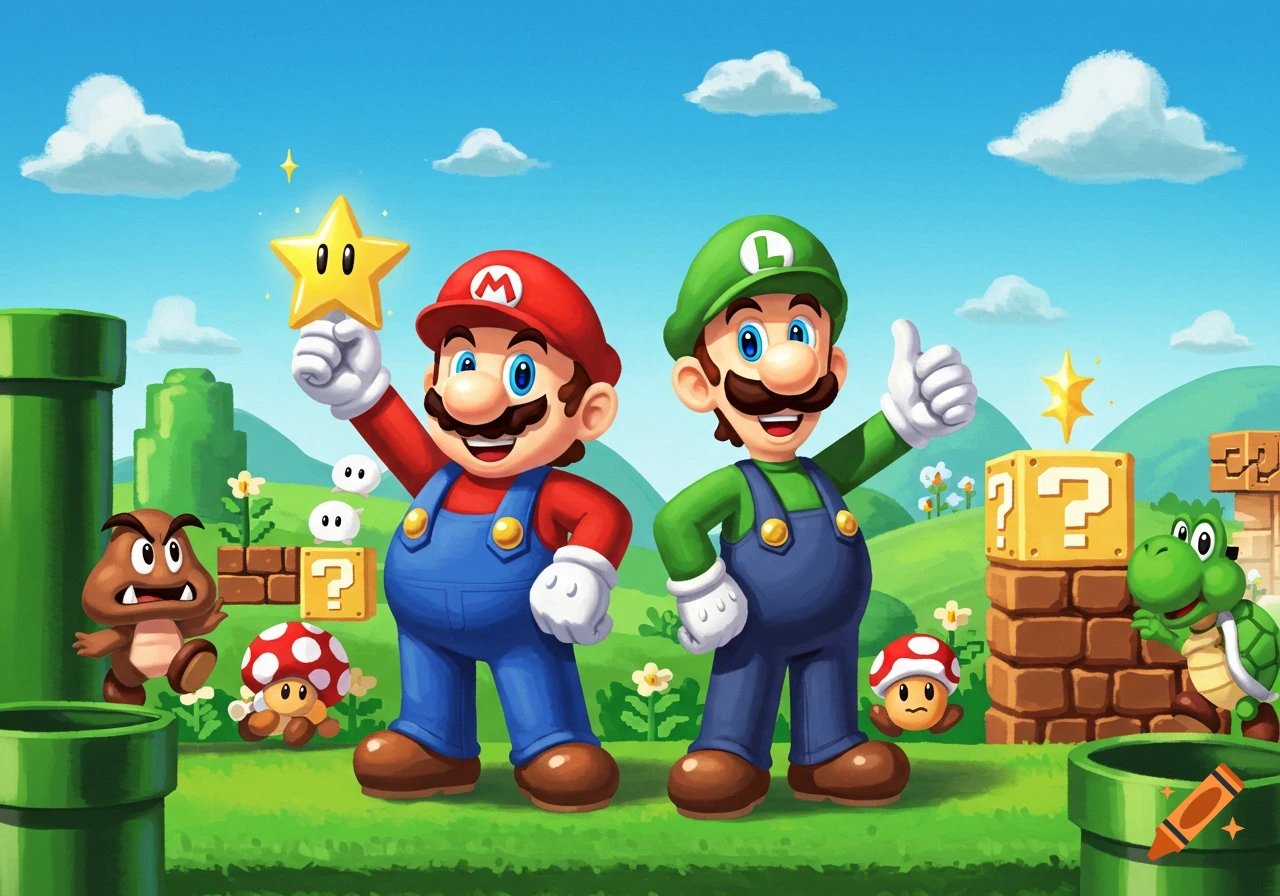 Mario holds a star as Luigi gives a thumbs up in a bright Super Mario landscape with Goomba, Koopa Troopa, and item blocks.