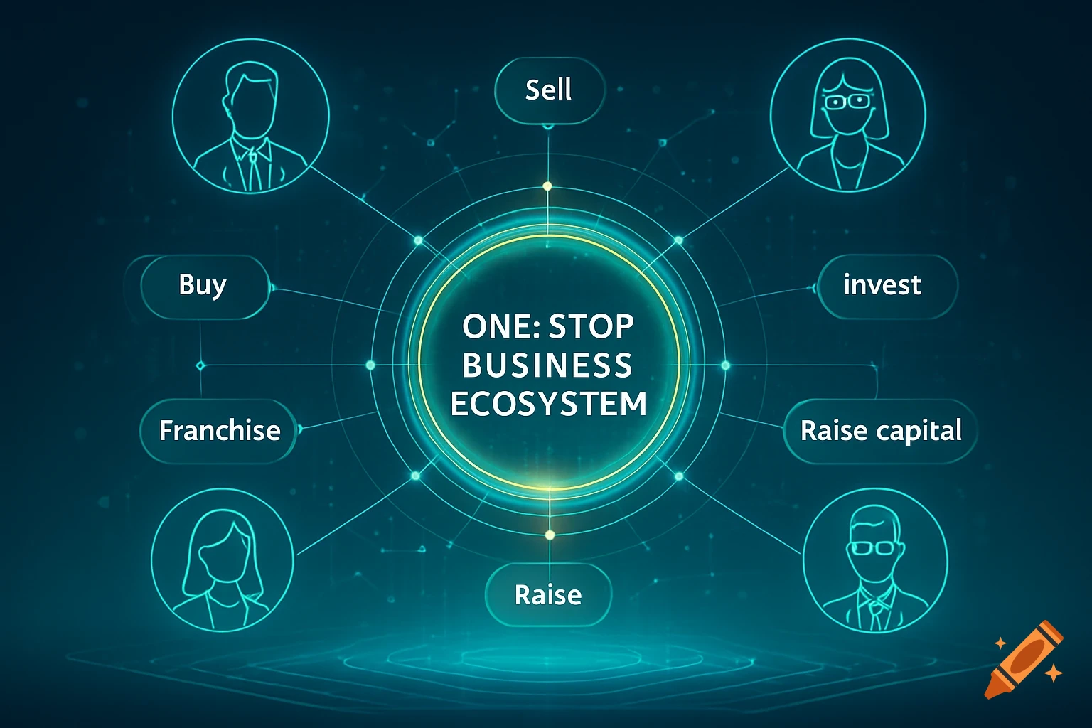 A glowing digital diagram showing a central "ONE: STOP BUSINESS ECOSYSTEM" connected to various business functions like buy, sell, invest, franchise, raise capital, and raise, with stylized people icons.
