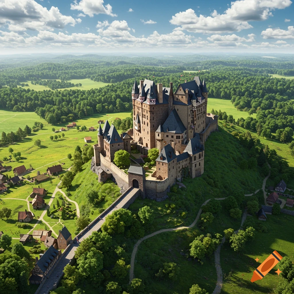 Aerial view of a majestic medieval castle on a lush green hill, surrounded by a village, forest, and blue sky with clouds.