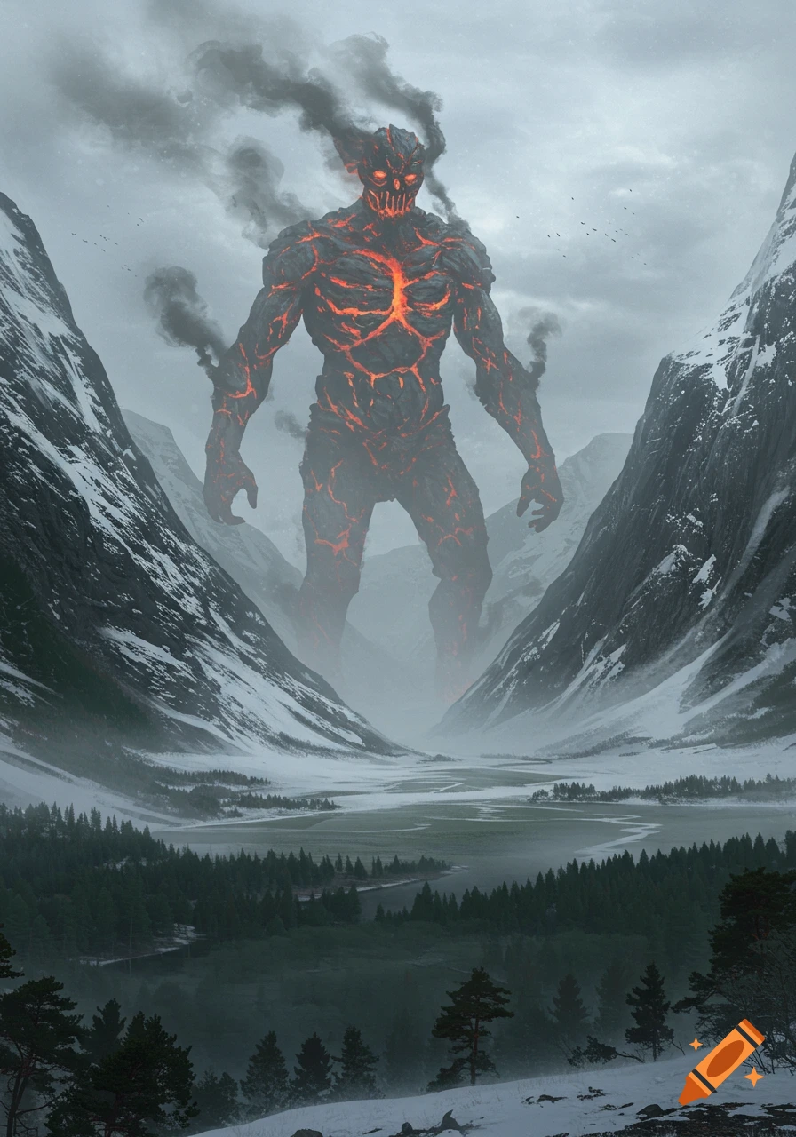 A colossal lava-covered giant stands in a misty, snow-covered mountain valley with pine trees, emitting black smoke.