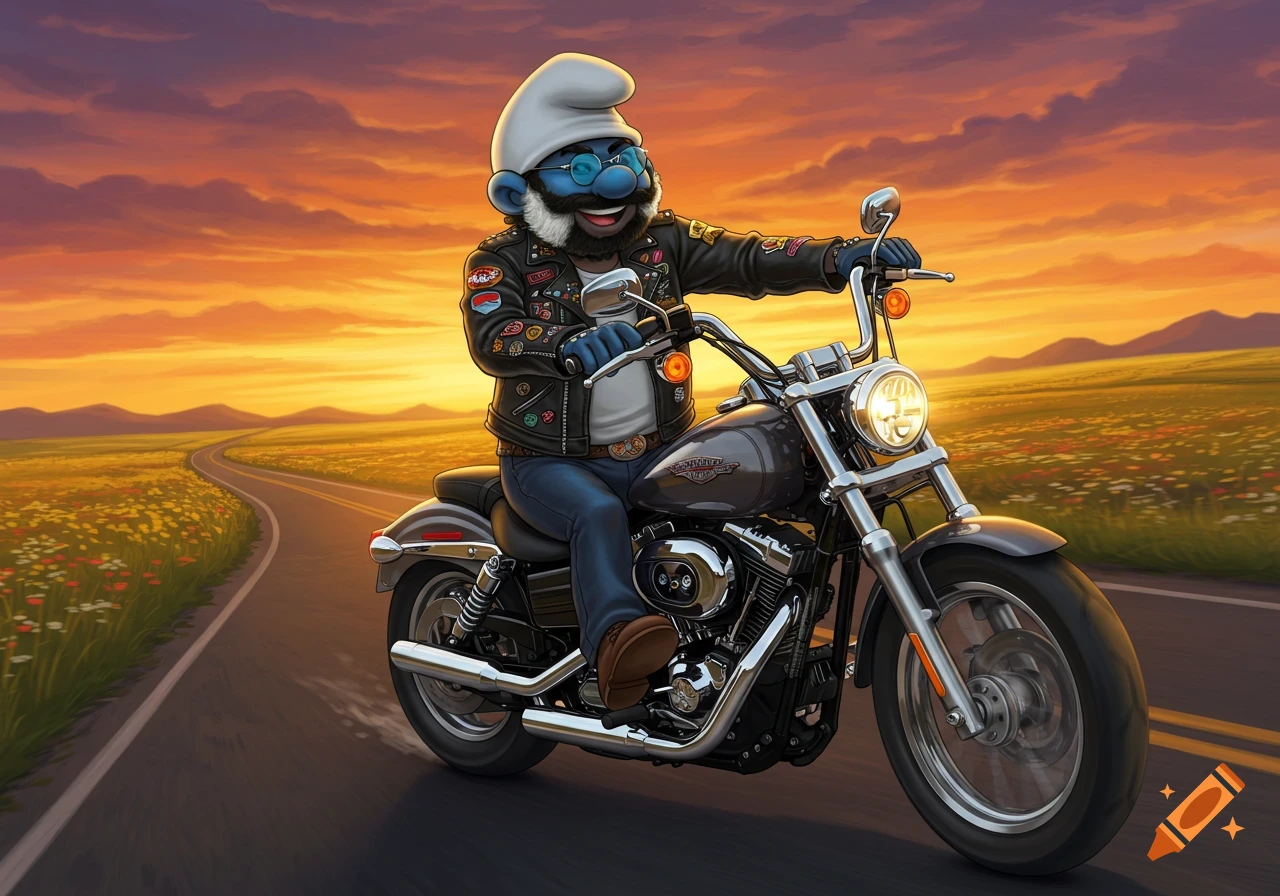 A cartoon Smurf-like character with a beard and sunglasses rides a motorcycle on a winding road at sunset through a field.