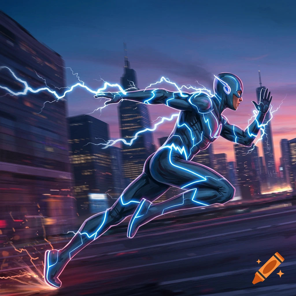 A dark-suited superhero with blue lightning running at super speed through a city at dusk.