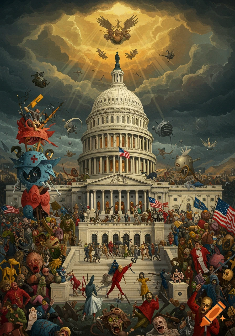 A Hieronymus Bosch-style painting of the US Capitol building besieged by grotesque, zombie-like figures and surreal creatures under a dramatic, cloudy sky with winged beasts.