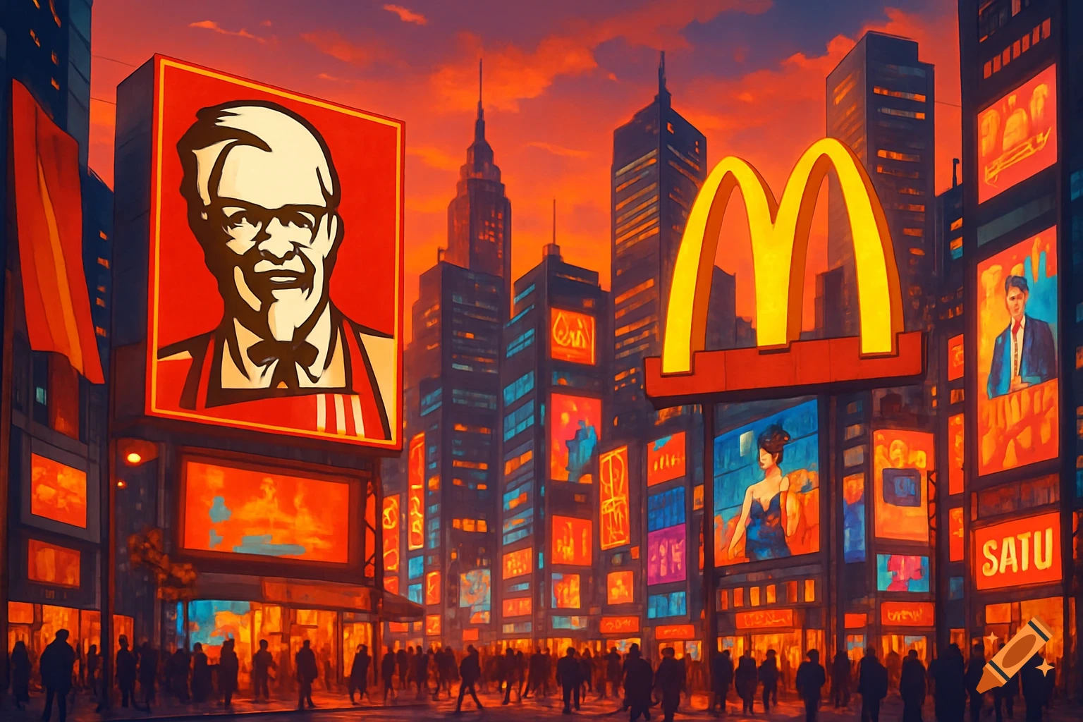 A stylized cityscape at sunset with vibrant orange and blue hues, featuring large billboards for KFC and McDonald's, and silhouetted crowds below.