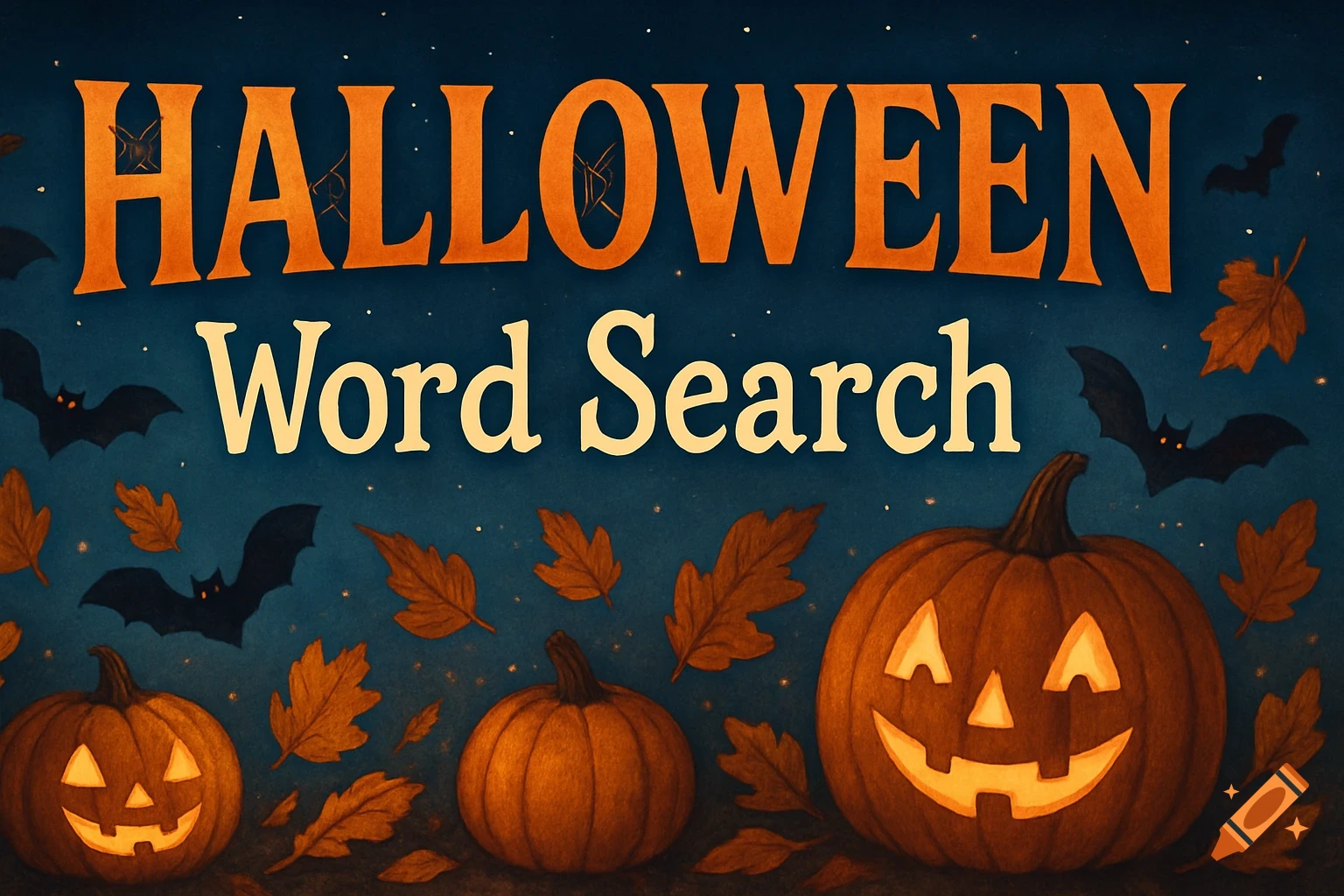 A Halloween banner with 'HALLOWEEN Word Search' text, surrounded by flying bats, autumn leaves, and smiling jack-o'-lanterns.