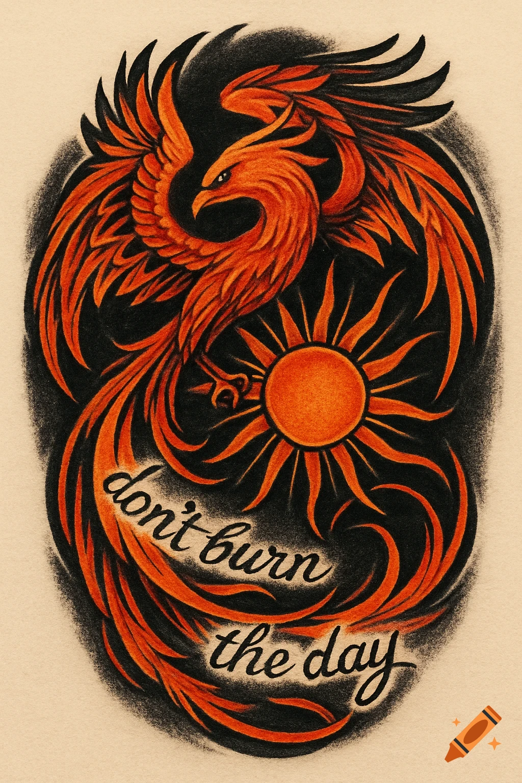 A vibrant orange phoenix and sun in a stylized tattoo design, with 'don't burn the day' text.
