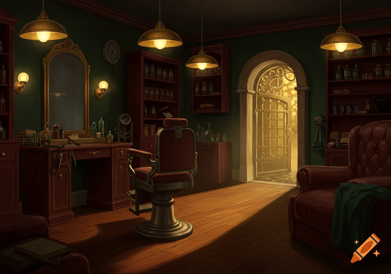 A dimly lit vintage barber shop interior with dark green walls, wooden floors, a red barber chair, and a brightly glowing arched secret door.