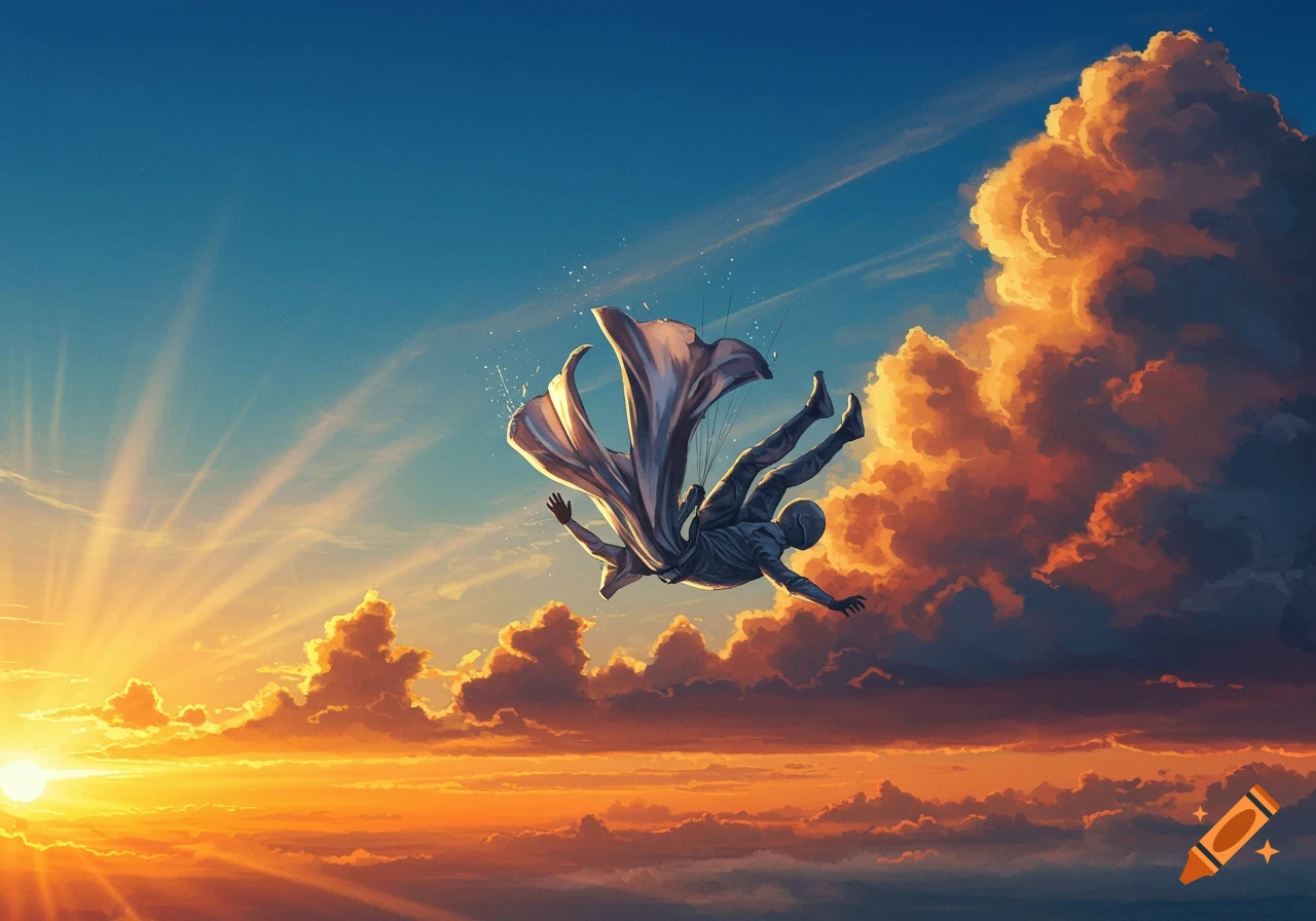 A person in a flowing cape falls through a vibrant sunset sky filled with dramatic clouds, in a digital art style.